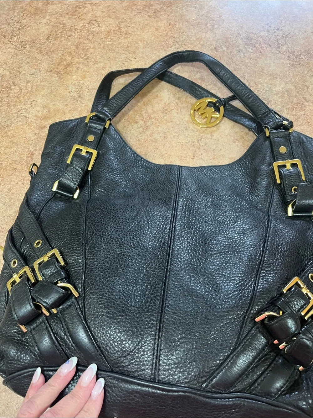 Michael Kors Black Pebbled Leather Shoulder Bag with Gold Hardware